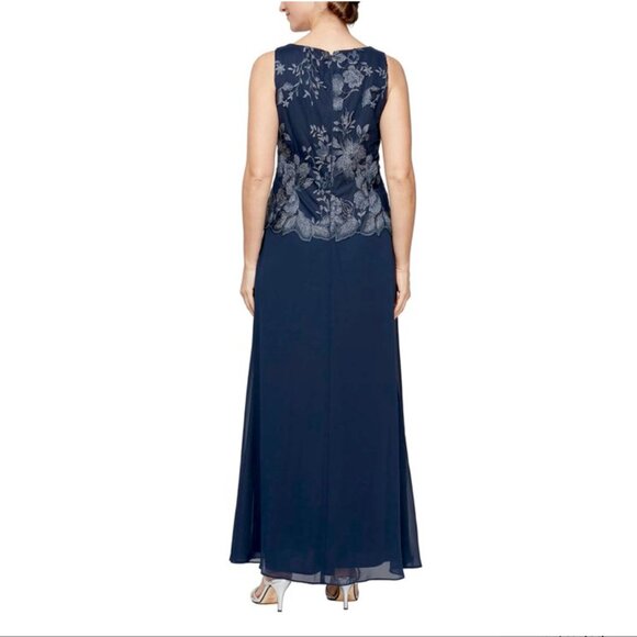 Alex Evenings Floral Embroidered Maxi 2 Piece Evening Dress Gown in Navy NWT - Picture 5 of 15